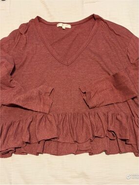 Truly Madly Deeply-  V-Neck Ruffle Hem Top- Maroon